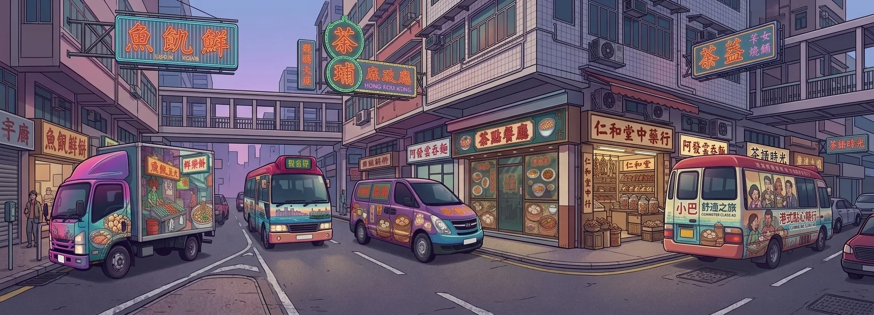香港街景插畫,展示店舖招牌、櫥窗及車身廣告